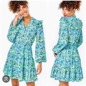 Lilly Pulitzer Teal Blue Green Floral Long Sleeve Dress